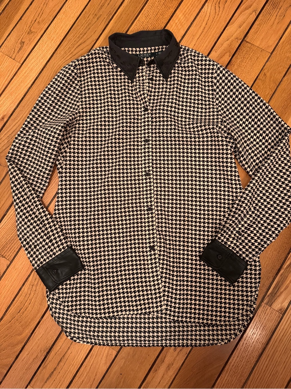 Lauren Ralph Lauren Black and Cream Houndstooth Blouse